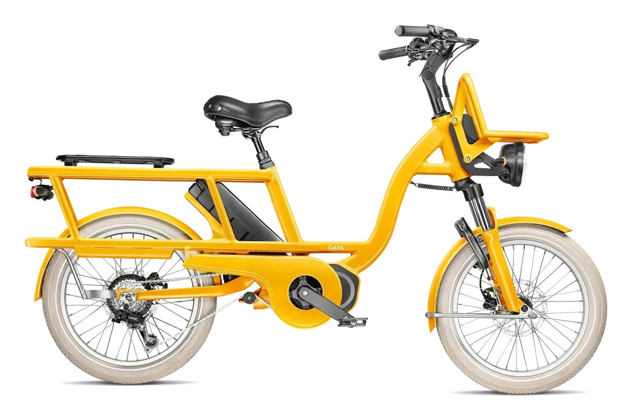 Vélo longtail électrique jaune, long porte-bagages pour deux enfants