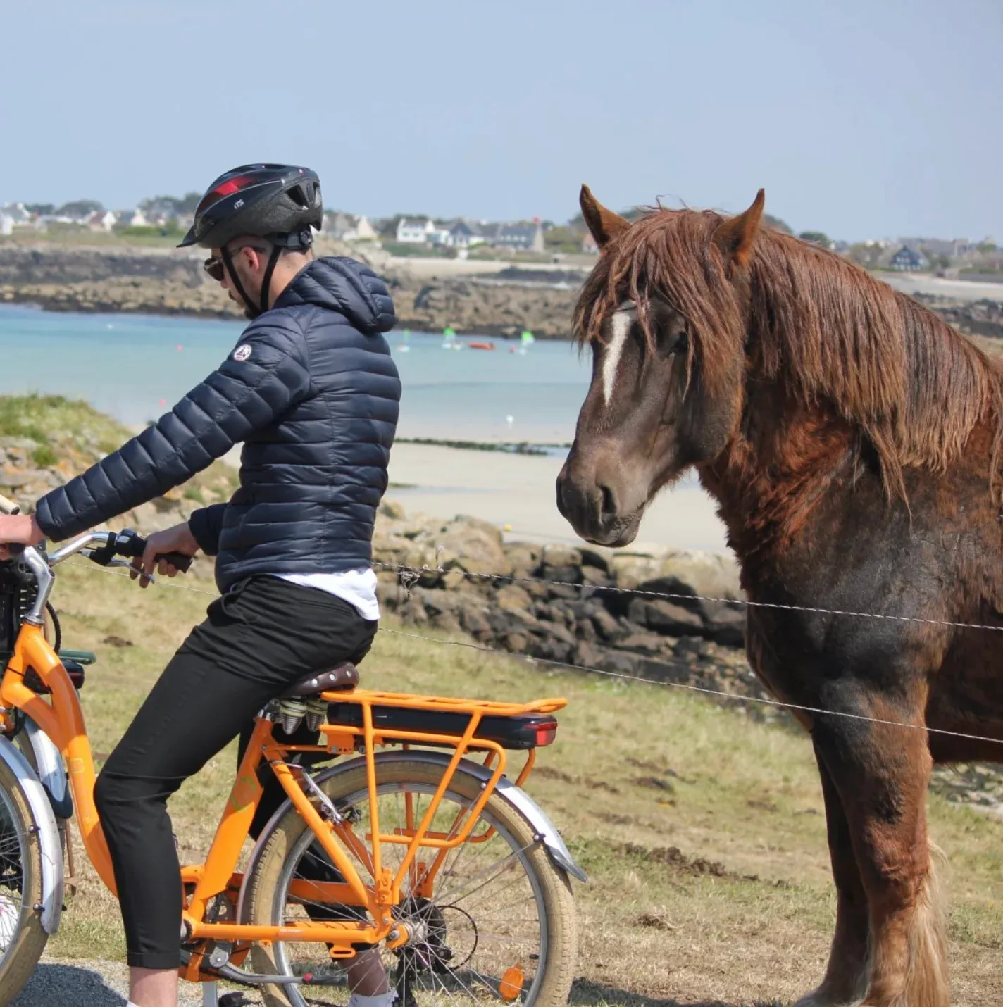 Cycliste sur un vélo électrique orange des Frères Complices face à un cheval, au bord d'une plage du Finistère